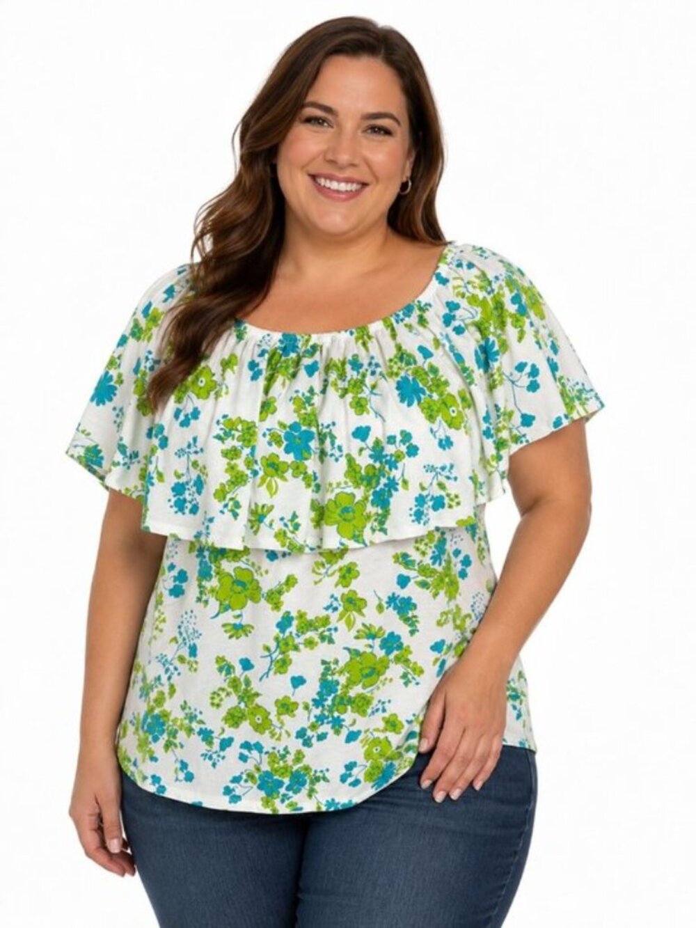 Women Within Plus Ruffle Tee Top Size 1X NWOT Blue Green Soft